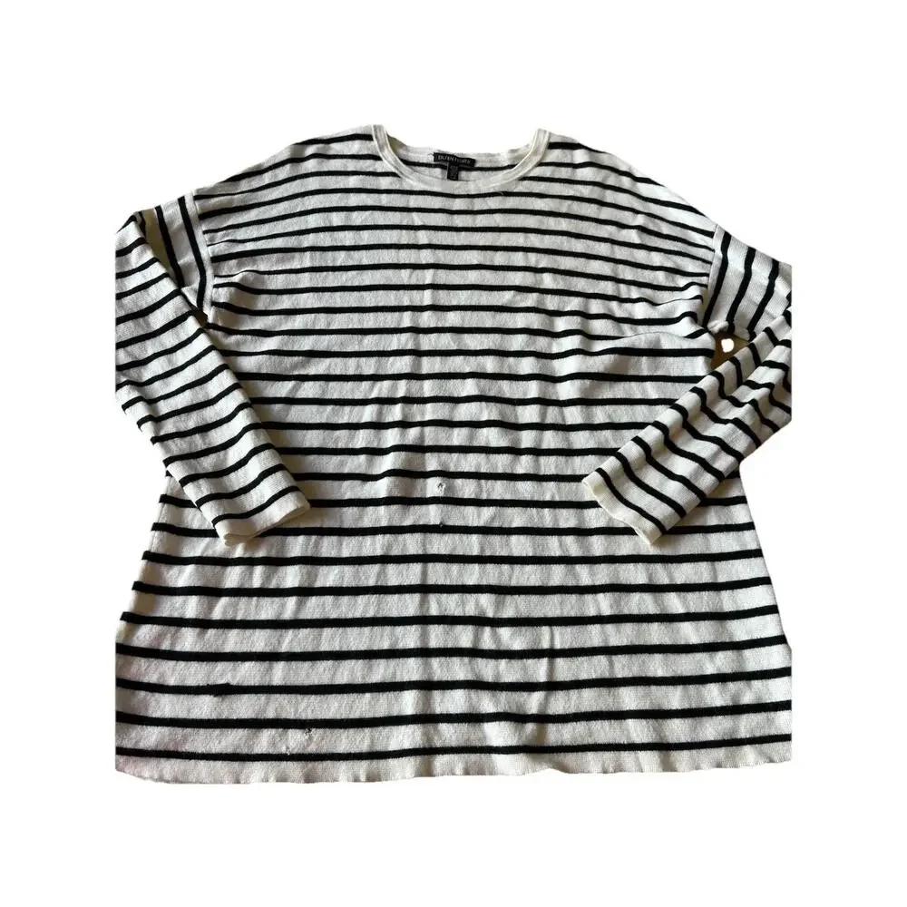 Eileen Fisher Sweater Striped Nautical Distressed Crew Neck Knit Coastal Soft L